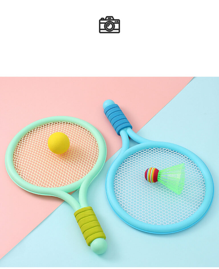 Two Kids Tennis Rackets Set for Children to Play and a ball on a vibrant pink and blue background.